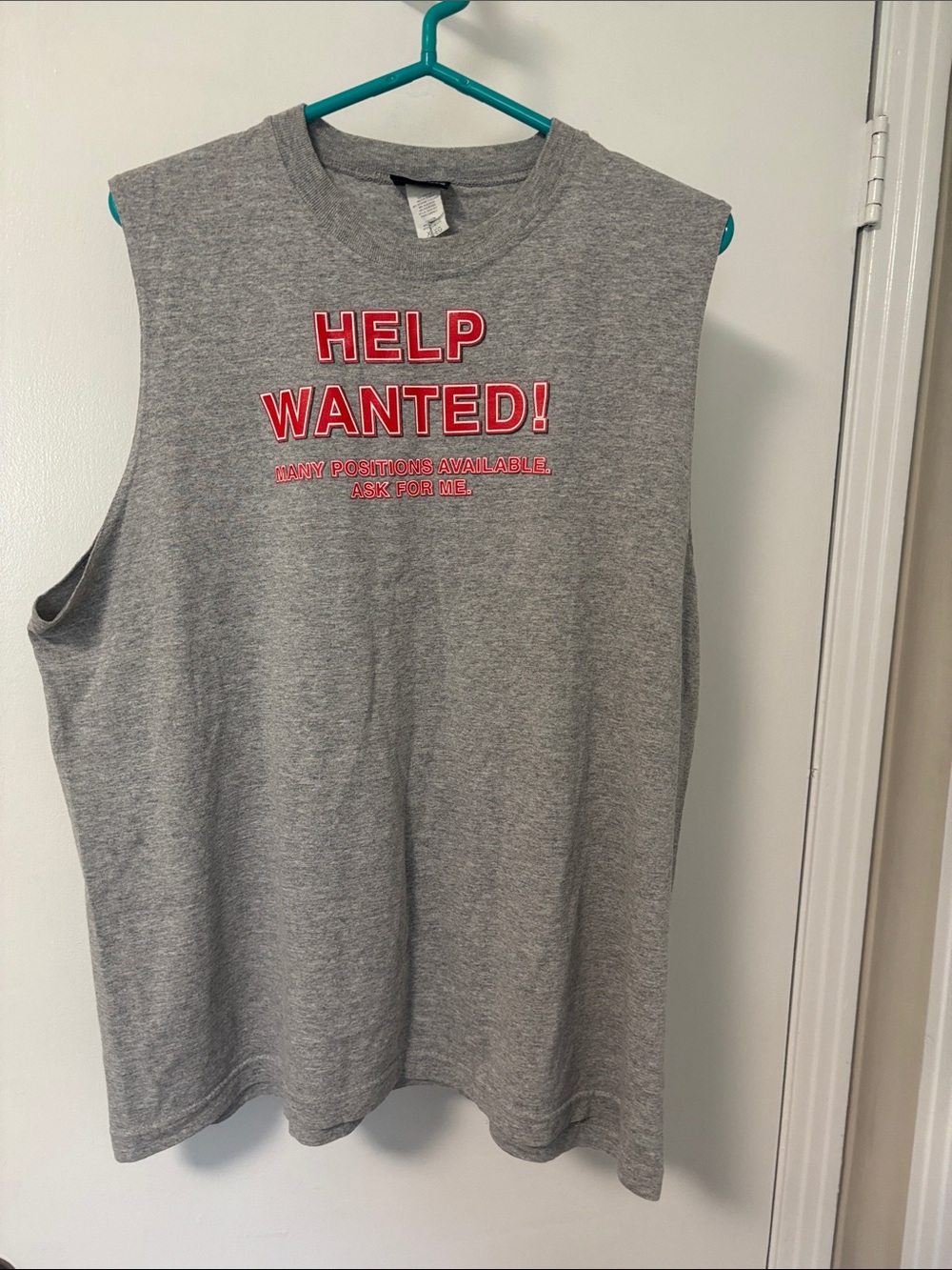 Gray Sleeveless Tank Top with Red "Help Wanted" Graphic